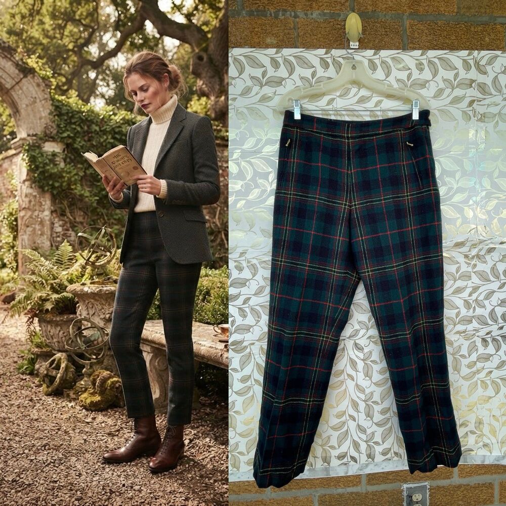 Ralph Lauren 90s Wool Black Watch Plaid Pants Dark Academia Petite 10P